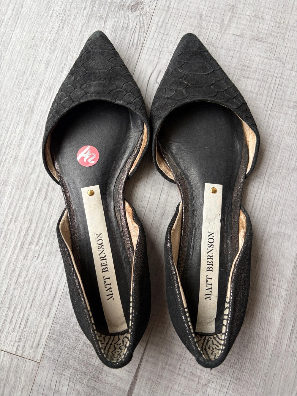Matt Bernson Black Pointed D'Orsay Flats with Textured Upper, Size 6.